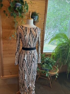 Long Sleeve Sequin Evening Gown - Black & Champagne